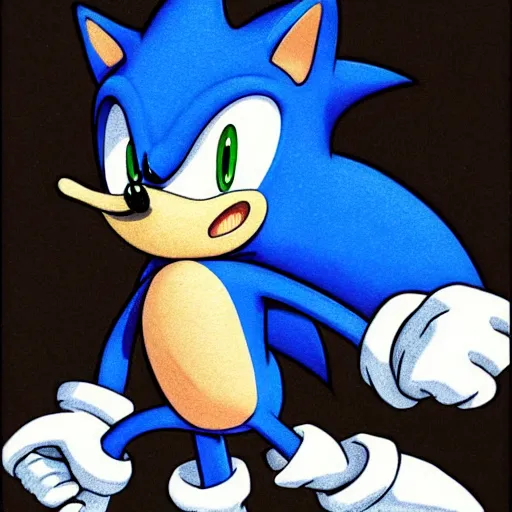 Prompt: Concept art of Sonic the Hedgehog illustrated by shigeru miyamoto. 1991