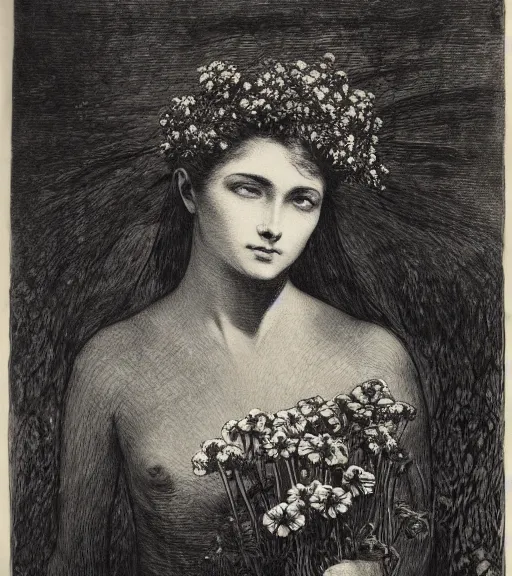 Image similar to black and white, portrait of a woman eyes in flowers, Gustave Dore lithography