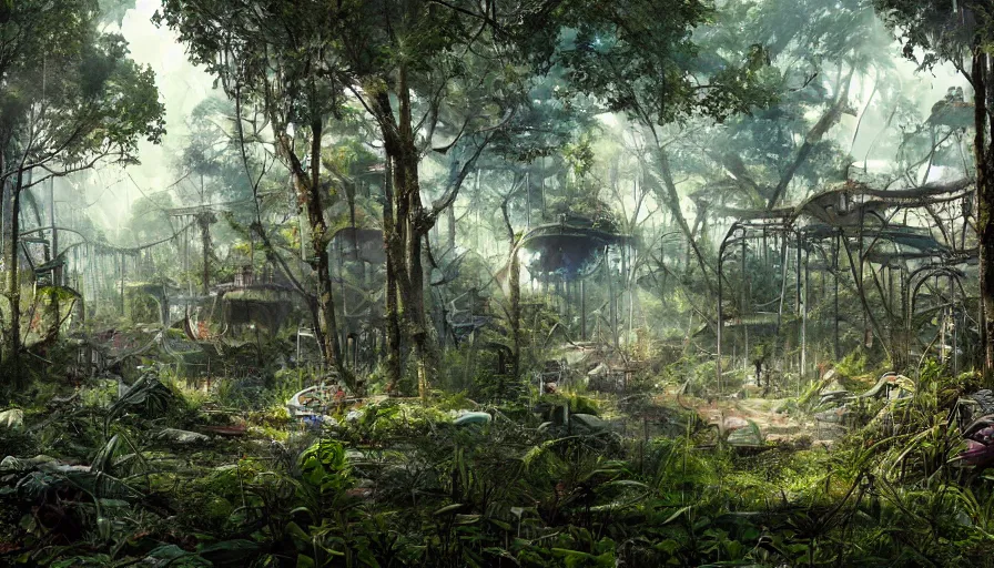 Image similar to Abandoned theme park covered by vegetation in a forest, hyperdetailed, artstation, cgsociety, 8k