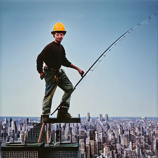 Prompt: closeup portrait of a construction worker with a fishing rod sitting on a metal beam high over new york city, photography, Annie Leibovitz