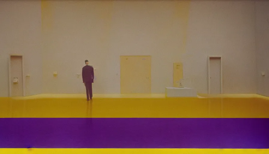 Prompt: 60s movie still of a sovietic stalinist style empty art museum with a soviet congress with yellow wall, LOMOCHROME PURPLE FILM 100-400 35MM, liminal Space style, heavy grain