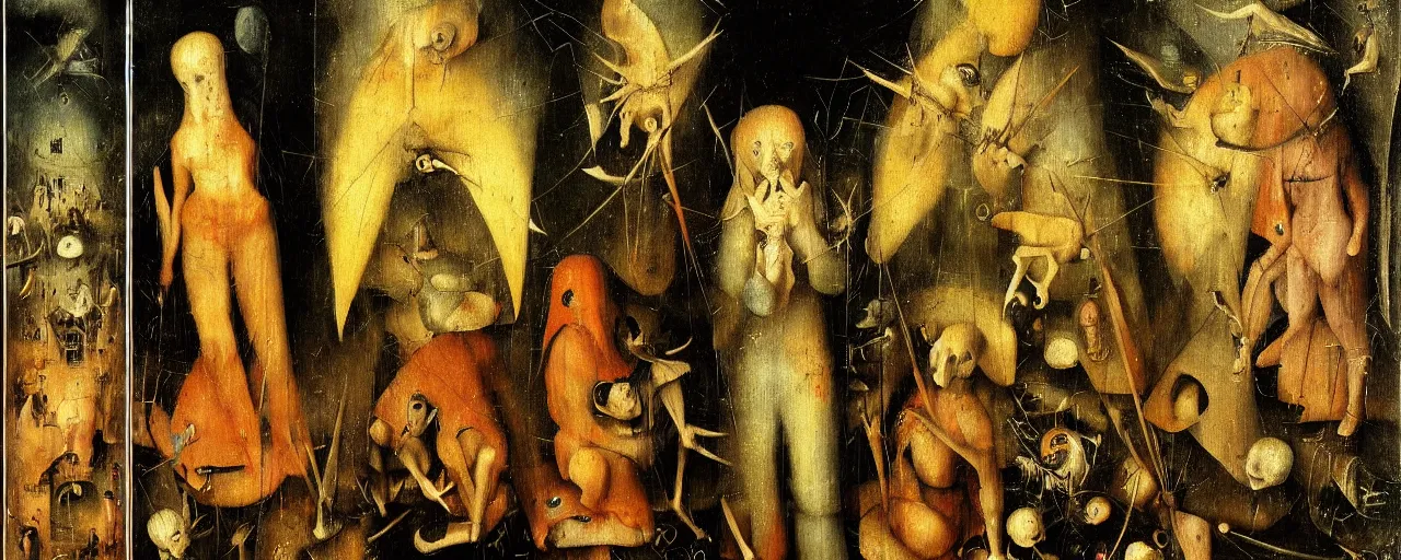 Prompt: Purgatory Triptych by Hieronymus Bosch, surreal oil painting, highly detailed, dream like, masterpiece