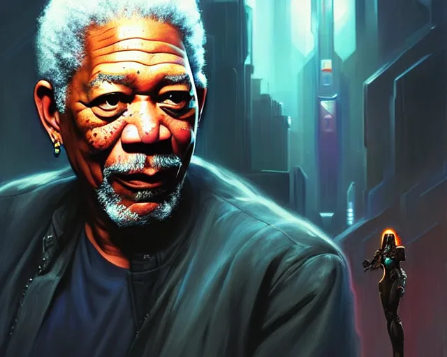 Prompt: morgan freeman with cyberpunk implants, deep focus, d & d, fantasy, intricate, elegant, highly detailed, digital painting, artstation, concept art, matte, sharp focus, illustration, hearthstone, art by artgerm and greg rutkowski and alphonse mucha