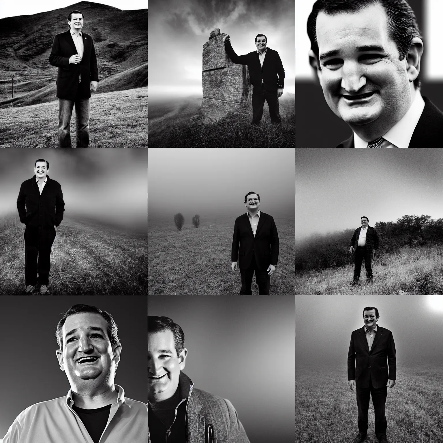 Prompt: Ted Cruz with a wide grin standing on a hill, black and white, creepy lighting, foggy atmosphere, scary, horror, ornate, eerie, fear