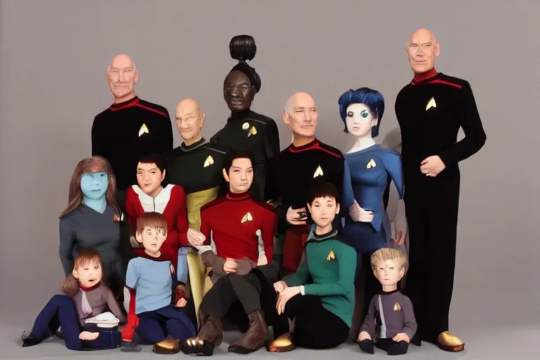 Prompt: star trek next generation enterprise - d bridge crew, captain picard in center, family portrait, in style of studio ghibli