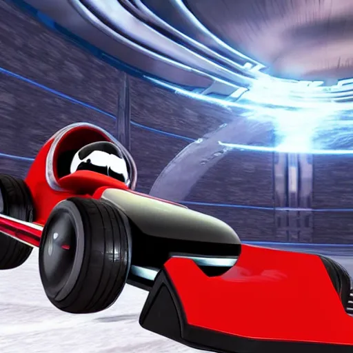 Image similar to still image of darth vader driving in mario kart tour deluxe race, unreal engine, octane