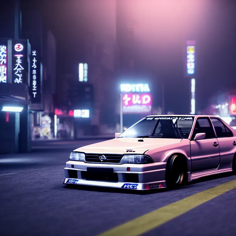 Image similar to Toyota JZX100 Drift, detailed-wheels, Shibuya prefecture, cinematic lighting, photorealistic, night photography, octane render