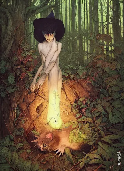 Image similar to a hyper realistic cat witch in the woods gorgeous lighting, k _ lms lush forest foliage painting by chiara bautista and beksinski and norman rockwell and greg rutkowski weta studio, and lucasfilm