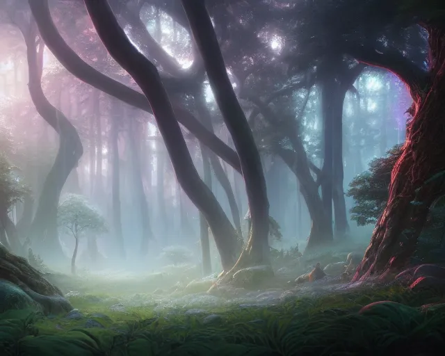 Prompt: Mysterious beautiful fairy elven forest ,matte painting by Noah Bradley, featured in artstation, octane render, cinematic, elegant, intricate, 8k