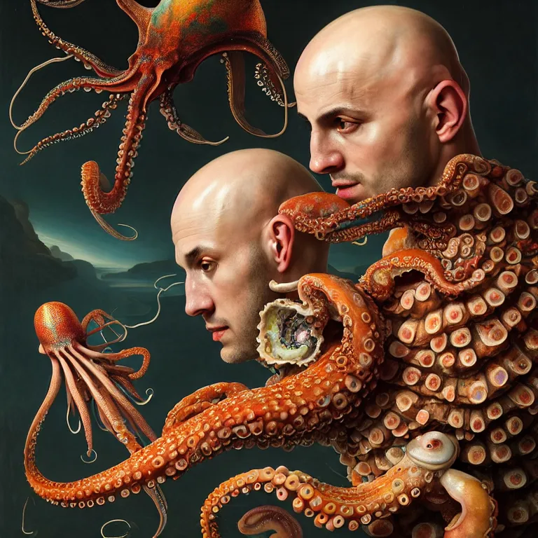 Image similar to young bald man wearing exoskeleton armor, standing in a shell, holding a squid, octopus, sea in the background, beautiful baroque portrait painting, psychedelic, trippy, hallucination, dream, beautiful detailed intricate insanely detailed octane render trending on Artstation, 8K artistic photography, photorealistic, chiaroscuro, Raphael, Caravaggio