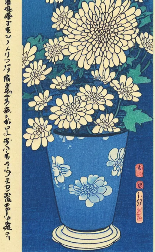 Image similar to by akio watanabe, manga art, a chrysanthemum flower inside a blue sake cup, cup is not vase, trading card front