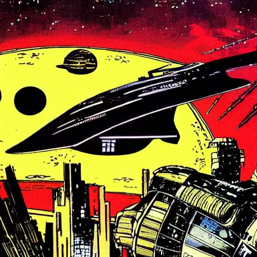 Prompt: a huge spaceship fighting aliens by frank miller.