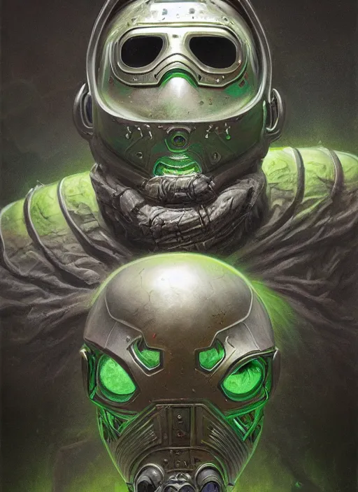 Image similar to horror machine glowing mf doom reptile eyes, grey green metal armor, elegant, highly detailed, centered, digital painting, artstation, concept art, smooth, sharp focus, illustration, artgerm, tomasz alen kopera, peter mohrbacher, donato giancola, joseph christian leyendecker, wlop, frank frazetta