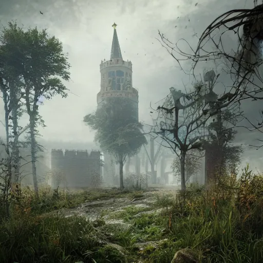 Image similar to post-apocalyptic overgrown kremlin, digital art, octane render, beautiful composition, trending on artstation, masterpiece