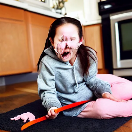 Prompt: Photo of my stupid niece laying in the kitchen floor playing with a string on her hoodie, next to a black dog, HDR, 4k, 8k, photo, early 2000s