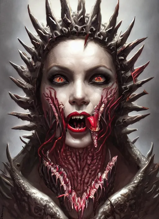 Image similar to a detailed face portrait of the queen of blades with vampire fangs and tongue sticking out, by dorian cleavenger, greg rutkowski, wlop, astri lohne, zdzisław beksinski trending on artstation