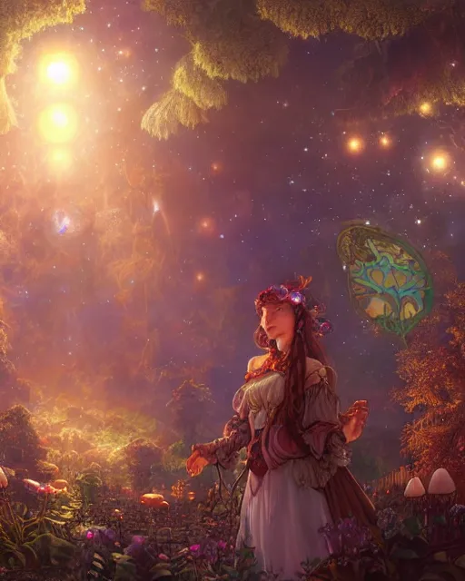 Image similar to girl in solarpunk fantasy village, evening, 4 k, ultra realistic, detailed, epic lighting, starry sky, magical, glowing forest, mushrooms, machines, high detail, masterpiece, trending on artstation by artgerm and akihito tsukushi and alphonse mucha