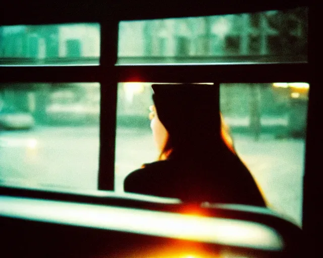 Image similar to lomo photo of shy goth girl sitting in empty bus, sunset, cinestill, bokeh