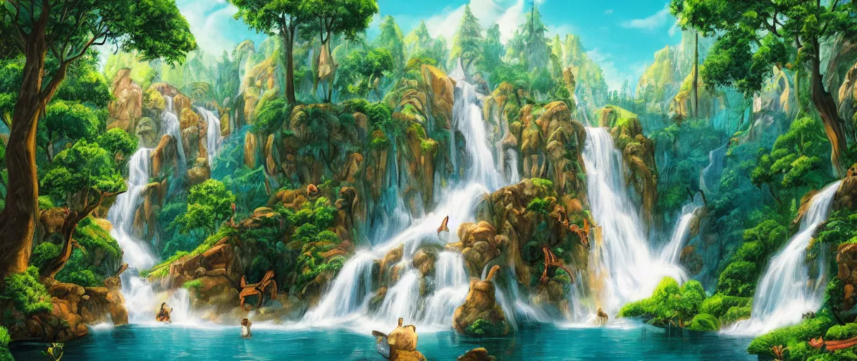 Image similar to disney movie background art of a beautiful waterfall in a forest