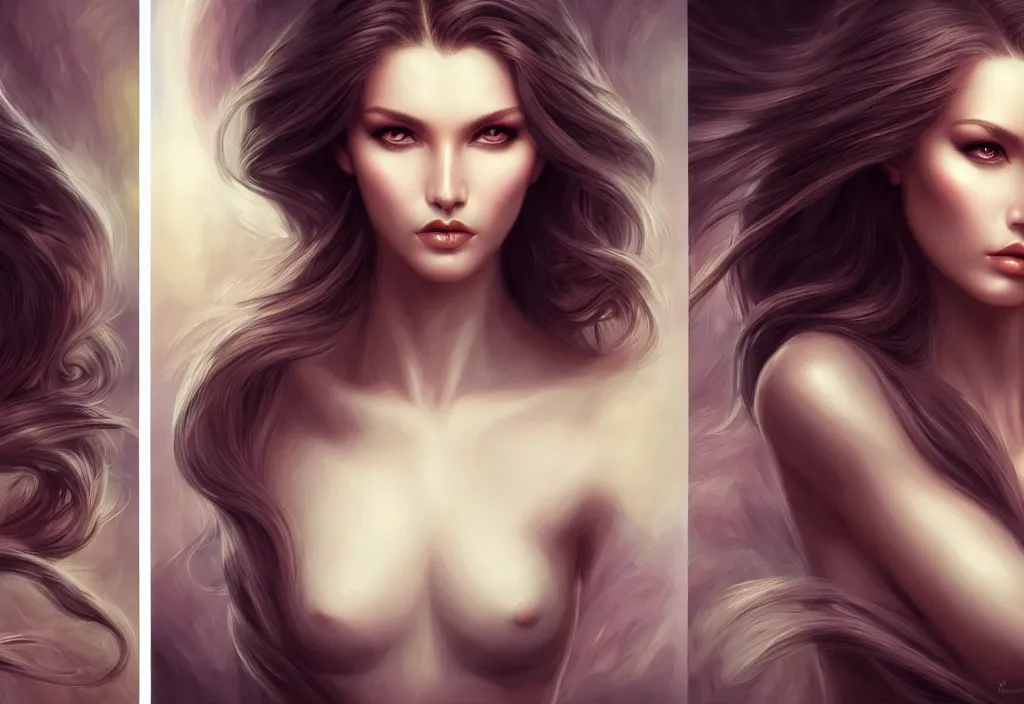 Image similar to picture split from the middle with an border, evil angels with different backrounds, intricate, elegant, highly detailed, realistic hair, centered, digital painting, art station, conceptual art, soft, sharp focus, illustration, artwork, artgerm, wlop, boris vallejo