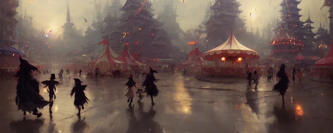Prompt: young witches running around exploring small town carnival amusement, food stalls, big top circus tent, highly detailed, magical, japan, digital painting, concept art, matte, art by ruan jia and wlop and greg rutkowski and makoto shinkai, masterpiece