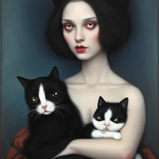 Prompt: a painting of a woman holding a cat, a photorealistic painting by tom bagshaw and ( ( ( mark ryden ) ) ), trending on deviantart, gothic art, ilya kuvshinov, goth, storybook illustration