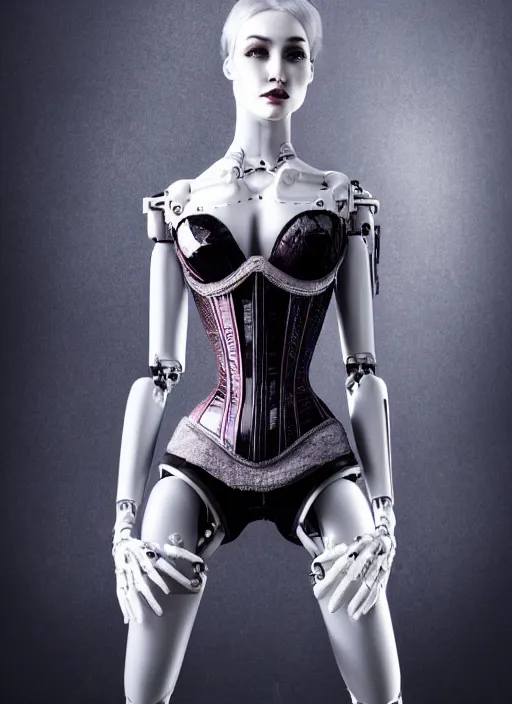 Image similar to beautiful female robot, wearing an intricate corset, burlesque, perfect features, anatomically correct, arms by her side, symmetrical facial features, sad expression, looking at the floor, elegant, futuristic, fantasy, artsy, digital art, background circuitry, cinematic, highly detailed, ultra realistic, lifelike,