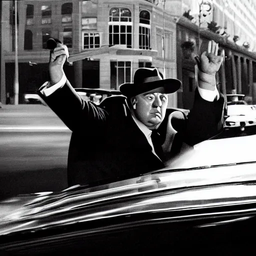Prompt: noir movie scene by Alfred Hitchcock . Donald Trump driving in downtown dallas in an open cabriolet