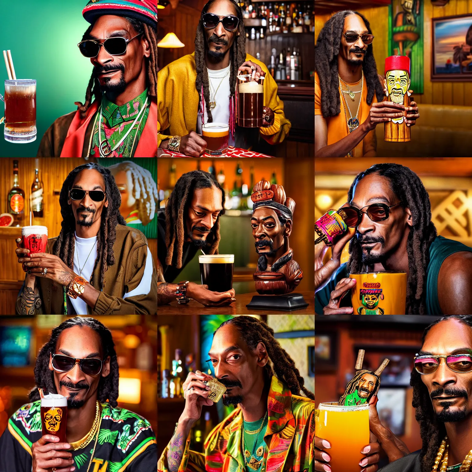 Prompt: a closeup photorealistic photograph of snoop dogg at trader vic's bar holding a tiki mug featuring his face on the front of it. brightly lit scene. this 4 k hd image is trending on artstation, featured on behance, well - rendered, extra crisp, features intricate detail, epic composition and the style of unreal engine.