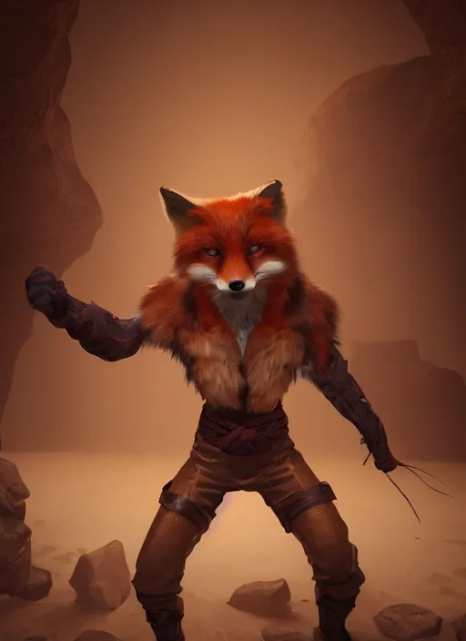 Image similar to A fantasy comic book style portrait painting of a fox person training martial arts in a cavern setting, unreal 5, DAZ, hyperrealistic, octane render, RPG portrait, ambient light, dynamic lighting