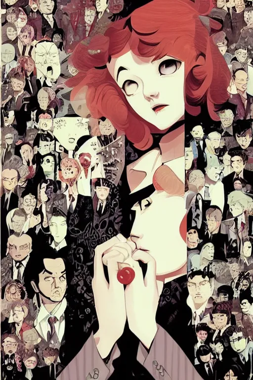 Image similar to twin peaks horror detective manga comic cover, dramatic, beautifully drawn coherent professional, drawn by ilya kuvshinov, satoshi kon. by tomer hanuka and michael whalen, minimalist stylized cover art, cel shaded