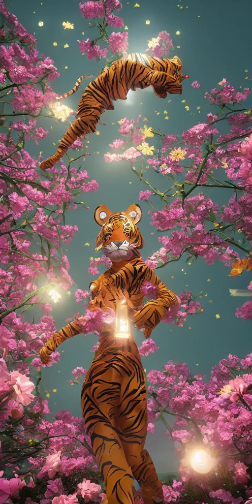 Image similar to <https://s.mj.run/fYu46ryI1Y0> a metropolis made out of origami paper, anthropomorphic tiger woman wearing a flowing tiffany-colored dress, paper origami, many origami sakura flowers, heavenly light, 3D, very detailed, octane render, trending ArtStation, artgem