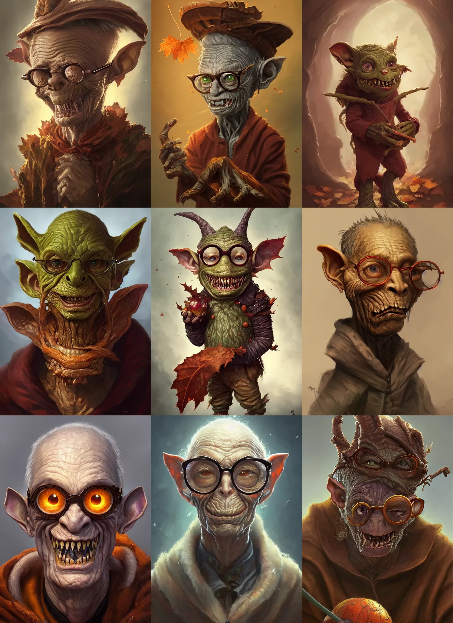 Prompt: cute elderly autumnal goblin, spectacles, d & d, fantasy, portrait, highly detailed, digital painting, trending on artstation, concept art, sharp focus, illustration, art by artgerm and greg rutkowski and magali villeneuve