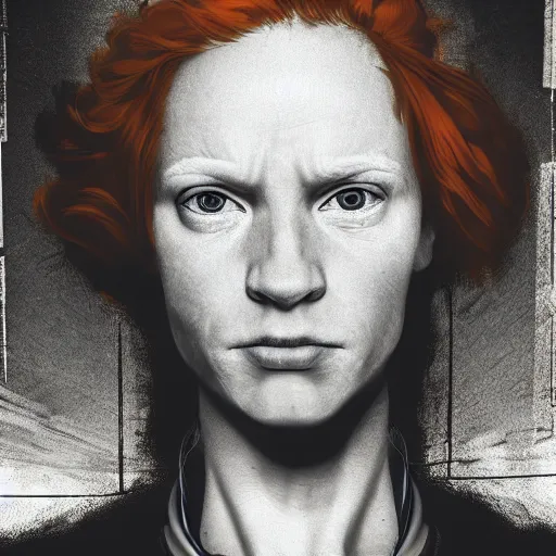 Image similar to ginger cyberpunk citizen with a determined expression, chiaroscuro portrait