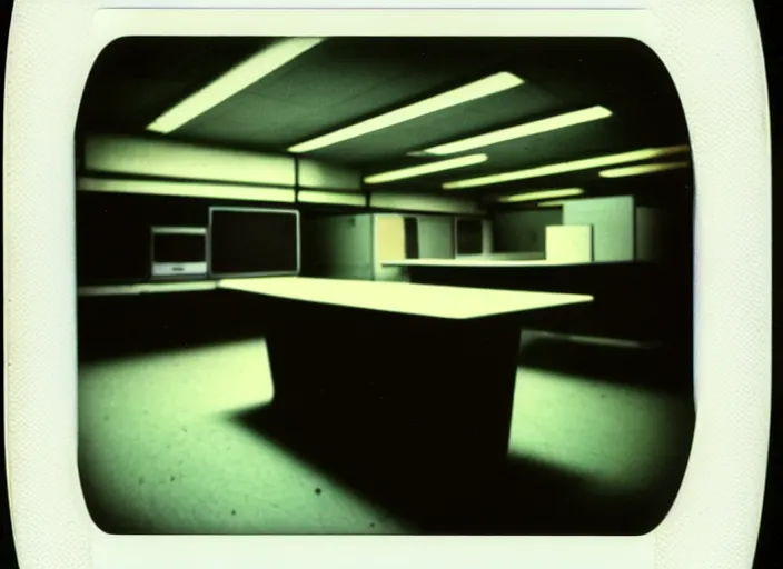 Image similar to polaroid photograph of a large white empty breakroom, retrofuturist liminal space, hundreds of old faux wood tables, crt tv mounted, trypophobia architecture, familiar place, clean, black mold, warm light, amateur, soft vintage glow, unreal engine, photorealistic, trending on artstation