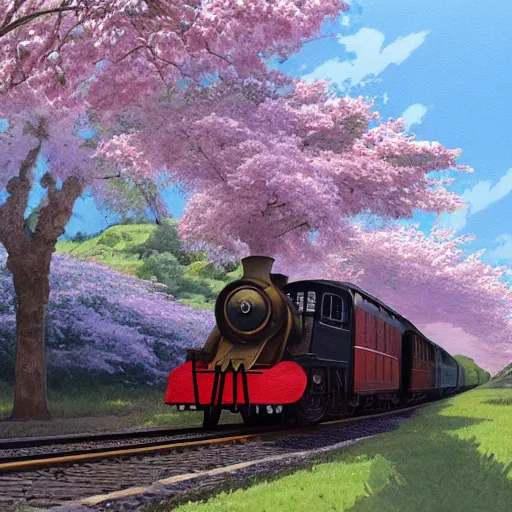 Image similar to concept art painting of a historic transverse view of a steam train, the train carries a cherry tree in flower, realistic, detailed, cel shaded, in the style of makoto shinkai and greg rutkowski and james gurney