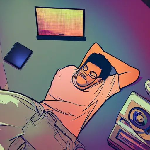 Image similar to aerial view photo of a guy laying on the floor of his bedroom looking at the camera, synthwave colors, computer, cell phone, video games, tv, knick knacks, faded effect, scribble anime, light, bright, no shadows, by moebius