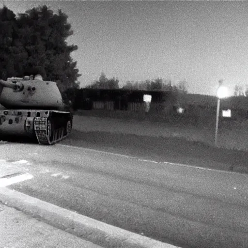 Image similar to cctv footage of a tank driving past a suburban neighbhoorhood, realistic, highly detailed, black and white, at night, taken on a security cctv camera, taken from the view of a house door.