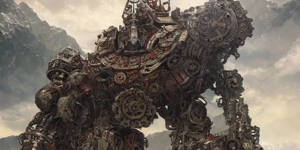 Prompt: legs of steel titan colossus in pacing through hills, river, mountain valley to factory, with huge gears, fine art, artstation, matte painting, masterpiece by vasnetsov and raphael