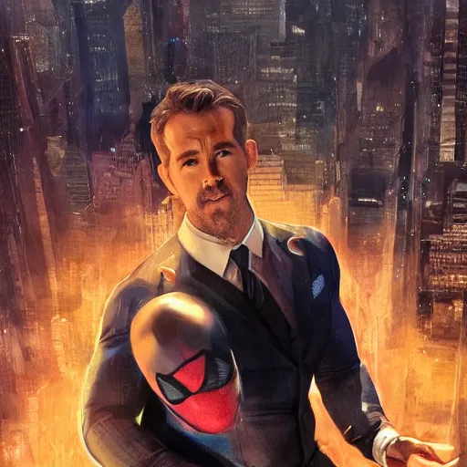 Image similar to ryan reynolds as spider - man, wearing a black and blue suit, cinematic, volumetric lighting, f 8 aperture, cinematic eastman 5 3 8 4 film, photorealistic by greg rutkowski, by stanley artgerm, by alphonse mucha