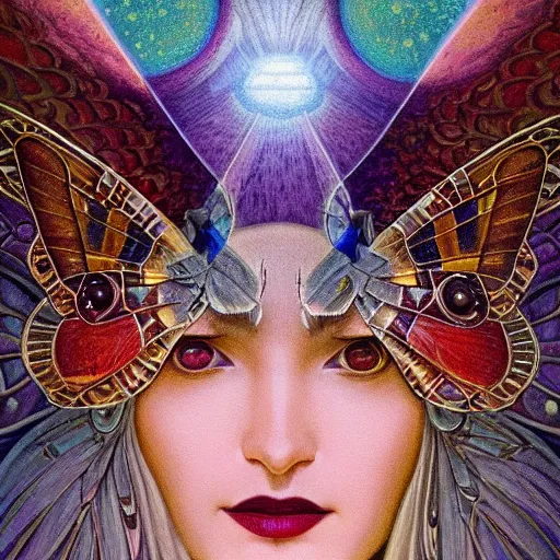 Prompt: beautiful closeup portrait of an art deco fairy queen, glowing eyes. reflective detailed textures, moth wings, highly detailed dark fantasy science fiction painting by donato giancola and nicholas roerich, elaborate geometric ornament, ancient runes, silver and cool colors. artstation