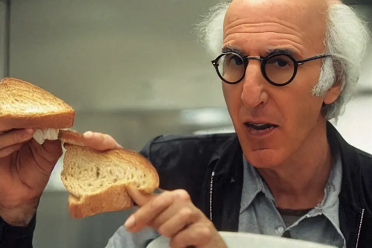 Image similar to larry david eating a sandwich, horror film still, dark atmosphere