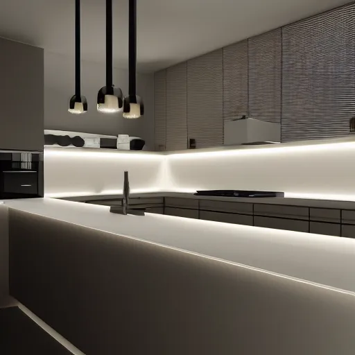 Image similar to kitchen with led strip lighting, realistic, wide shot, octane render, house and home, home and garden, hyper realistic, high quality, highly detailed, hd, beautiful, cinematic, 8 k, unreal engine,