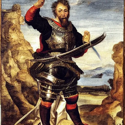 Image similar to donald trump, wearing knight ’ s armor, holding a spectacular broadsword, by annibale carracci, full body