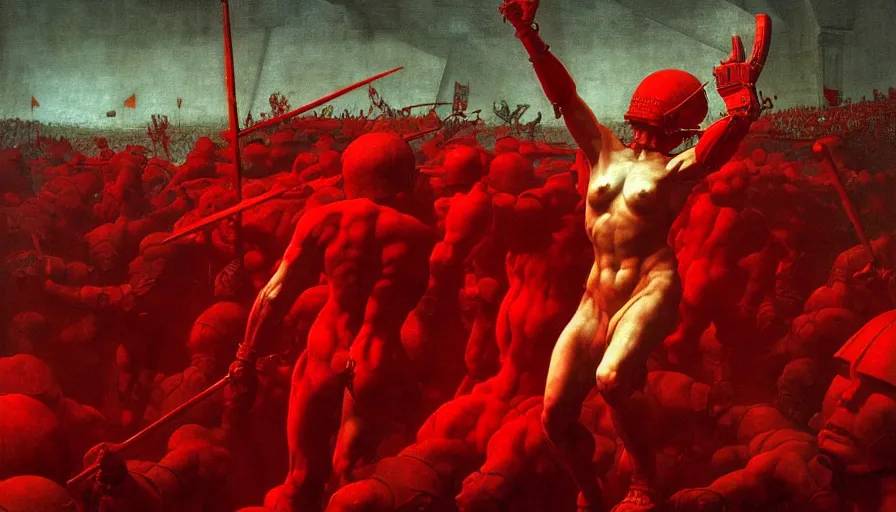 Image similar to only with red, a lightly armored gladiator in a crowded roman amphitheatre, crowd cheering, in the style of beksinski and edward hopper and rodcenko and yue minjun and artgerm, intricate and epic composition, red by caravaggio, highly detailed, masterpiece, red light, artstation, art nouveau