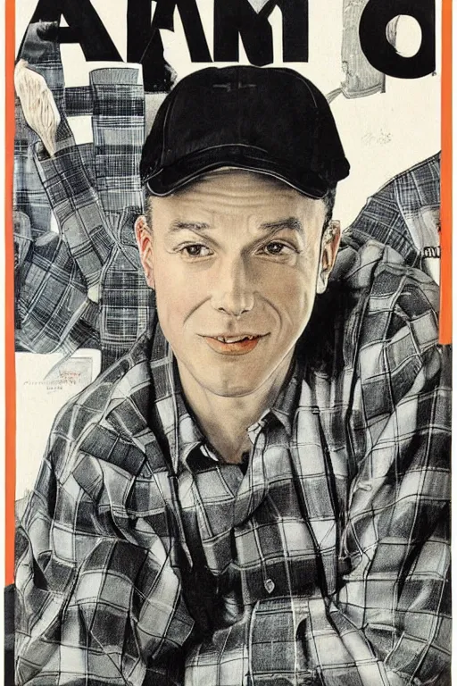 Prompt: san ben affleck wearing checkered shirt and white cap, poster, by norman rockwell