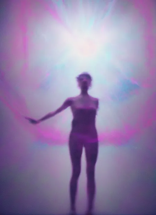 Image similar to a symmetrical female ascending astral projection, liquid glowing aura, motion blur, film grain, cinematic lighting, experimental film, shot on 1 6 mm
