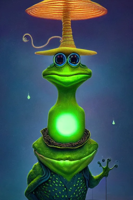 Image similar to Bioluminescent, portrait of frog wearing wizard hat, very intricate , trending on artstation , very elegant, in the golden hour by Daniel Merriam, Trending on Artstation, oil on Canvas by Elena Zhurikhina and Goro Fujita and Charlie Bowater, octane render, 4k, 8k, HD