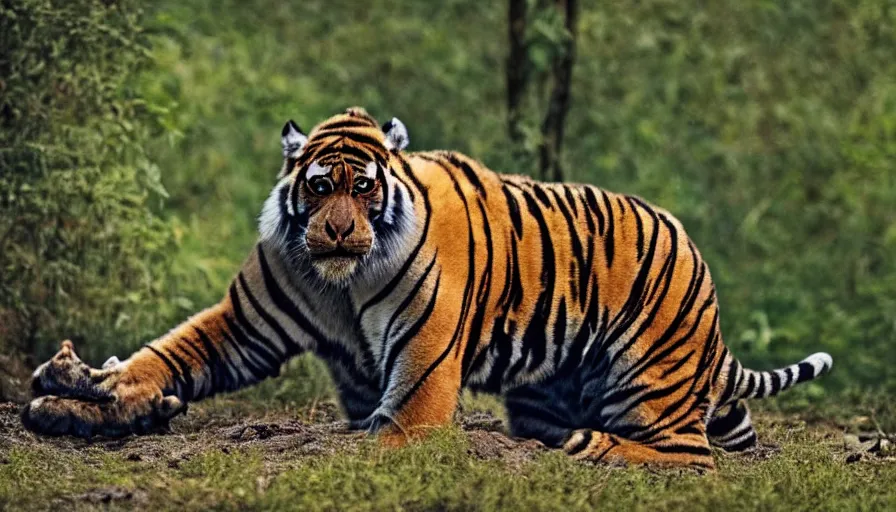 Image similar to a tiger gorilla!!! hybrid! hyper realistic!! realistic lighting!! wildlife photographer of the year!!! bold natural colors, national geographic, hd, wide angle, 8 k