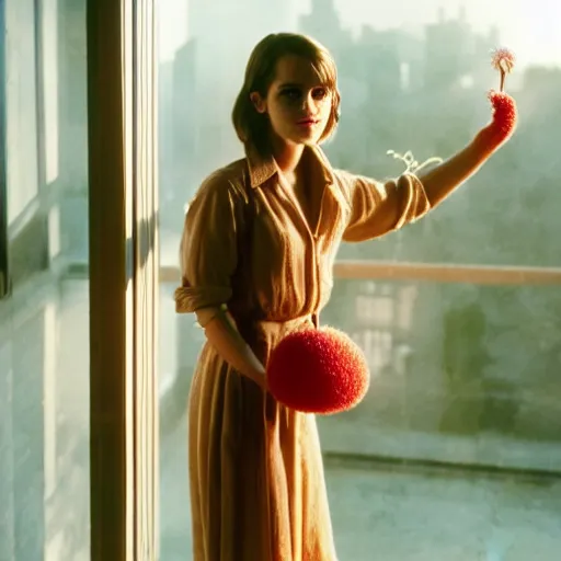 Prompt: Photograph of Emma Watson holding a plumbus by the window. Golden hour, dramatic lighting. Medium shot. CineStill